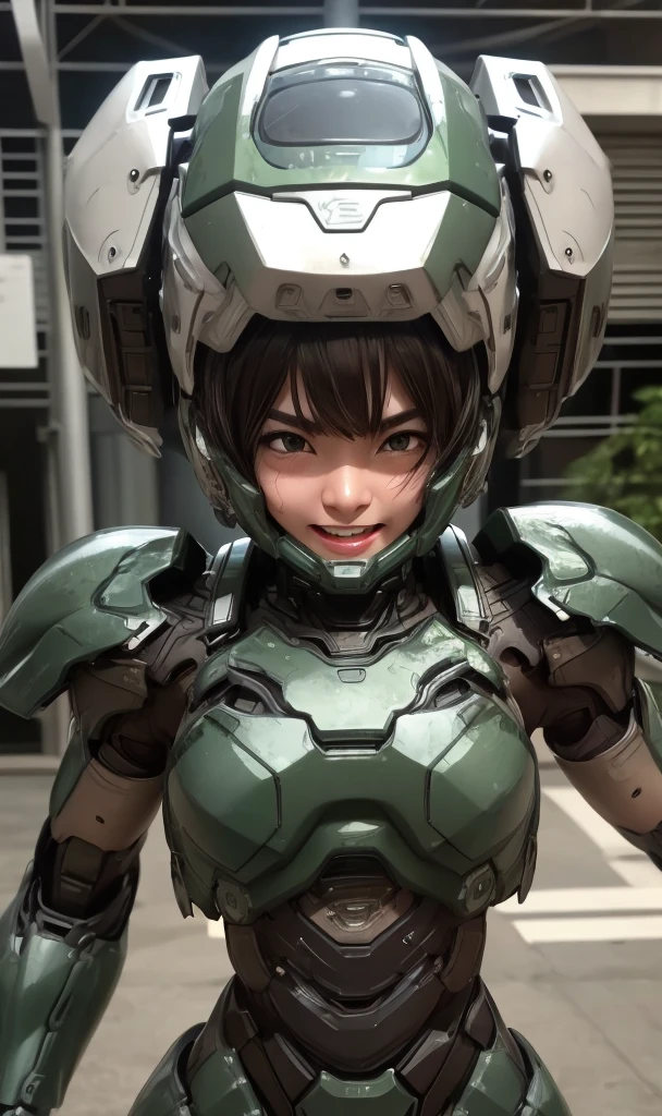 Textured skin, Super detailed, Attention to detail, high quality, 最high quality, High resolution, 1080P, hard disk, beautiful,(War Machine),beautifulサイボーグ女性,Dark Green Mecha Cyborg Girl,battle,Girl with a mechanical body,、Thick eyebrows　middle School girls　Boyish short hair、Sweaty brown eyes、Sweaty face、Expressions of joy　Blushing　Open mouth laughing　very loud laugh　Cute Smile　Black-haired　((Steam coming out of the head)) (Steam coming out of the whole body) Cool pose　Gloss　Sweat flying