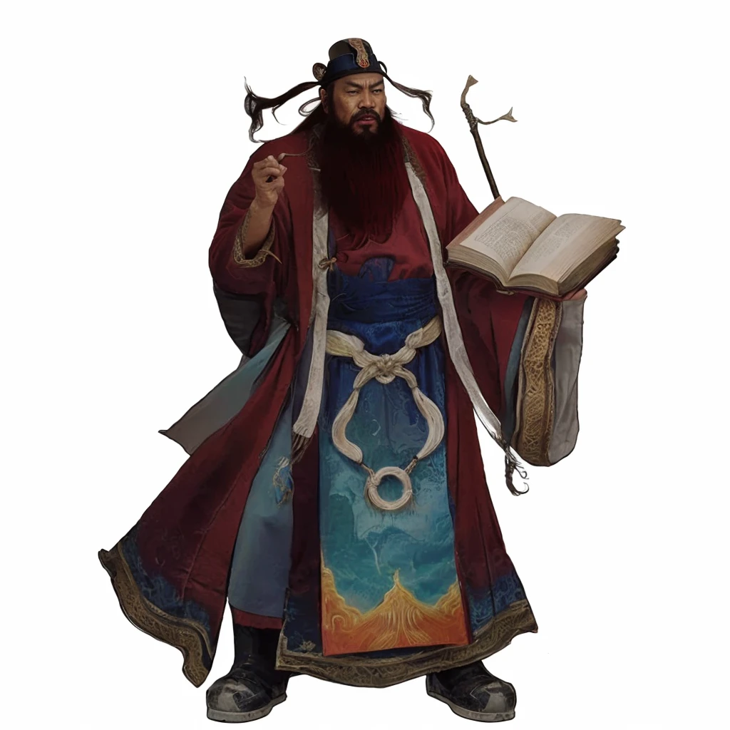 tan skin chinese ancient officer, red wild beard, luxurious red robe, holding a book, a floating Chinese brush on book, one hand put at the back, officer hat, furious look, angry, taoist priest
