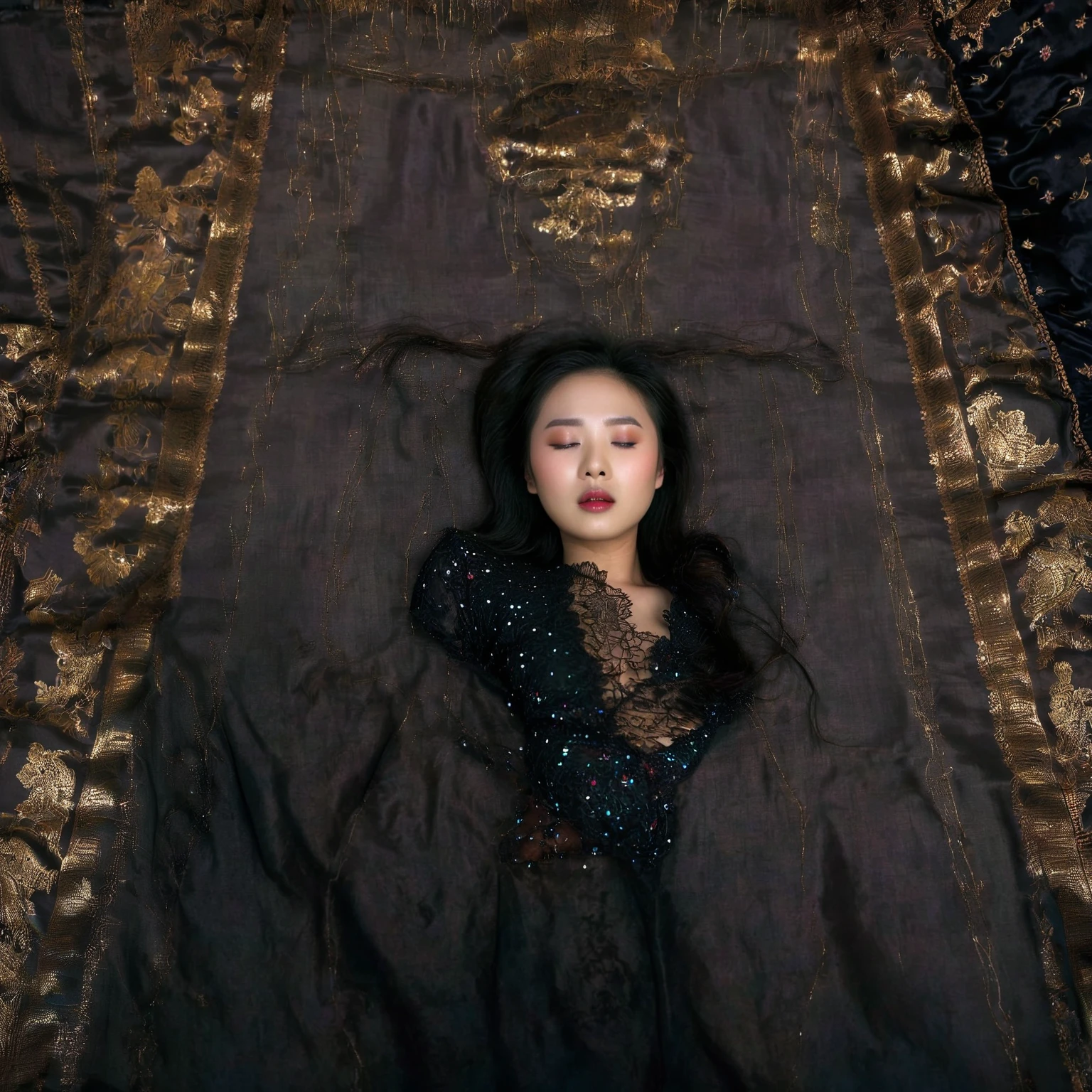 In a striking 8K HDR scene, a stunning Korean woman, 22 years old, lies peacefully in a black coffin surrounded by plush pillows. The deep box is set against a rich black background, accentuating the beauty of the subject. Her exquisite kebaya attire is embroidered with superb detail, showcasing her round and firm breasts, perfect cleavage, and beautiful eyebrows. Her closed eyes and mouth give an air of serenity, while her visible and absolute cleavage leave nothing to imagination. The scene is bathed in saturated colors, highlighting every intricate aspect from the ball skirt to her clean face, straight body, detailed hand perfect hands, straight body.