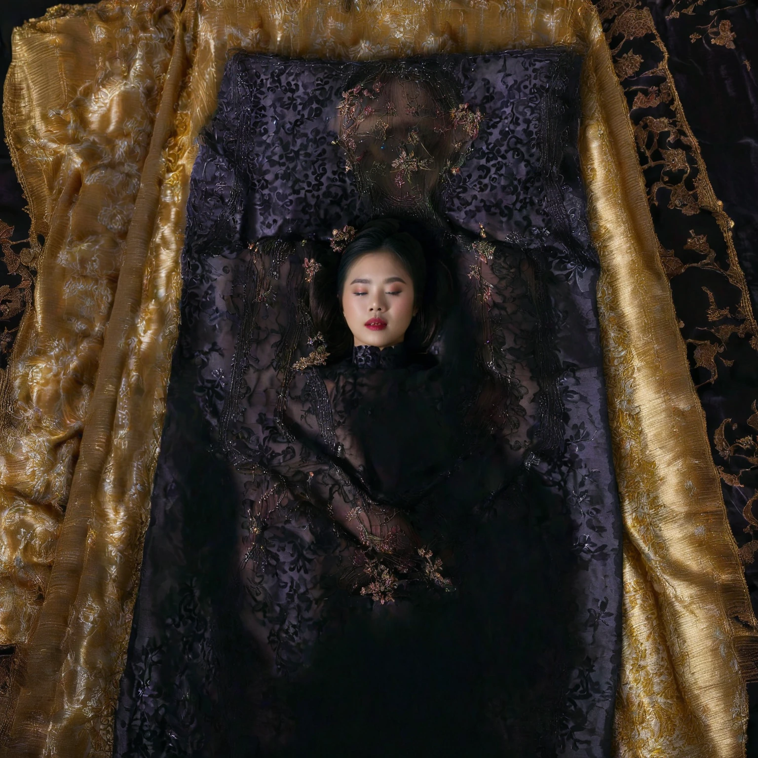 In a striking 8K HDR scene, a stunning Korean woman, 22 years old, lies peacefully in a black coffin surrounded by plush pillows. The deep box is set against a rich black background, accentuating the beauty of the subject. Her exquisite kebaya attire is embroidered with superb detail, showcasing her round and firm breasts, perfect cleavage, and beautiful eyebrows. Her closed eyes and mouth give an air of serenity, while her visible and absolute cleavage leave nothing to imagination. The scene is bathed in saturated colors, highlighting every intricate aspect from the ball skirt to her clean face, straight body, detailed hand perfect hands, straight body.