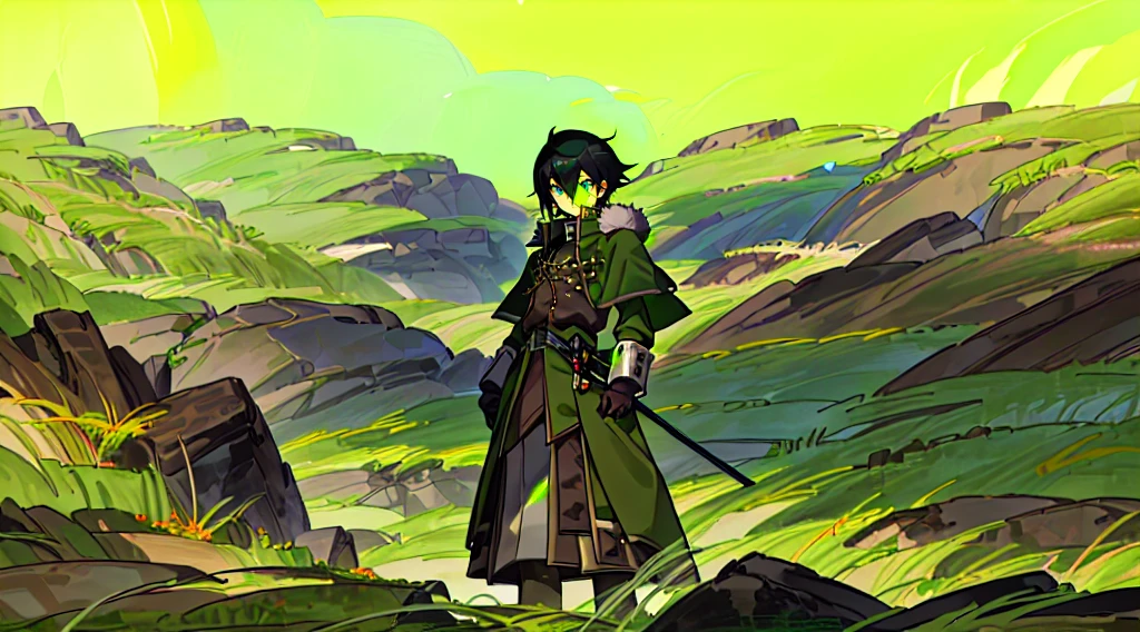 yuichiro hyakuya, (WithoutFear:1), 1 boy, black hair, green eyes, brown coat, gray armor, green shield, green cloak, dark brown gloves, town, white fur trim, tall, anime, standing, good quality, portrait, looking at viewer