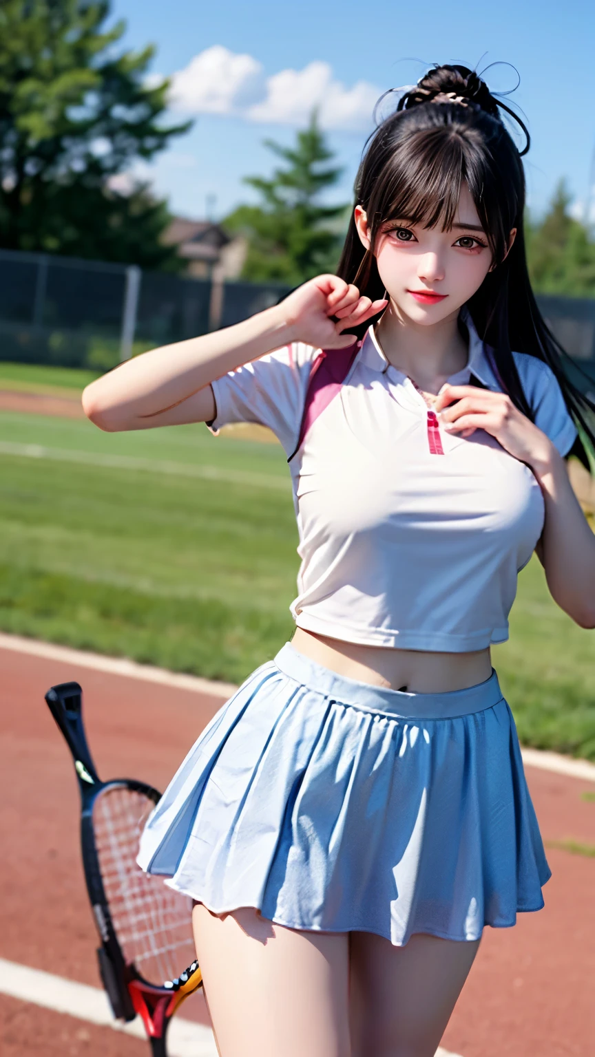 （Very delicate and beautiful：1.2）super model,,Big Breasts,Beautiful breasts,voluptuous,【bike shorts】,,【3girls】,,Highest quality, High resolution, 8K,Kick in a hurry,Tennis Wear.mini skirt