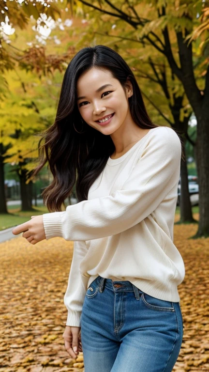 Shu Qi wearing light clothes in autumn and smiling