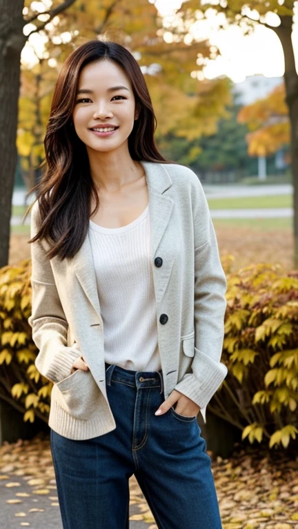 Shu Qi wearing light clothes in autumn and smiling