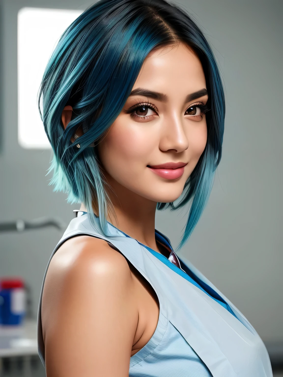 (blue hair:1.4), short hair, realistic green eyes, cobalt hair,  long bob hair, tousled hair, shoulder length hair, Full body, woman with white skin and Asian features, 24 year old, big breast. She has a small, elegant nose with a slight upward curve at the tip. Her lips are full and naturally pink, with a well-defined Cupid's bow. Her teeth are straight and white, enhancing her captivating smile. Her face has an oval shape with high cheekbones that add to her model-like appearance. (crack), detailed (texture!, shine, color!!, flaws: 1.1), highly detailed glowing eyes, (looking at camera), specular light, dslr, extreme quality, crystal clear, cute face, detailed skin pores, oil Dark skin, brown, complex eye details, she is far from the camera, A full-body portrait, captured from a distance. Dynamic Frame, 8K, Best Quality, Realistic, full body Realism, beautiful hairstyle, Dynamic Frame,  full body photo, (1 Ultimate Beautiful Mature Nurse)、hyperdetailed face、(nurse's uniform:1.3)、(Glamorous body)、smile、Perfect fit, Perfect image realism, Background with: (Hospital Patient Rooms:1.2), Cowboy Shot, Background with, detailed costume, Perfect litthing、Hyper-Realism、(Photorealsitic:1.4)、8K maximum resolution, (​masterpiece), highly detailed, Professional, ((whole body capture)), fullbody, (nurse's uniform:1.3), fully dressed

(short hair:1.3)
