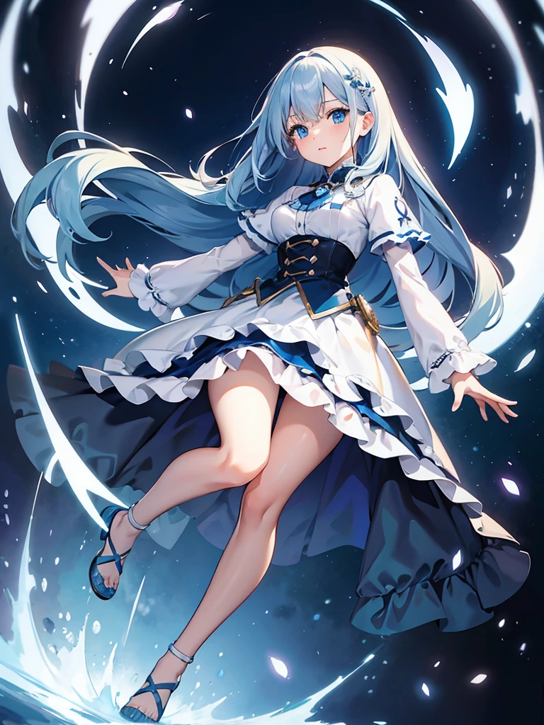 masterpiece,high quality,(full body 1.2),animated standing portrait, white cape and blue shirt,(blue hair 1.4),anime girl with long blue hair and blue eyes,(detailed eyes 1.6),(clear eyes 1.4),(beautiful eyes 1.4),(shining eyes 1.4),white cyan, from arc knights, blue hair, shining blue eyes, blue eyes, detailed key animated art, animated portrait, shining blue eyes, Pixiv digital art, blue haired girl, blue white hair, frilly skirt, thighs, 4K