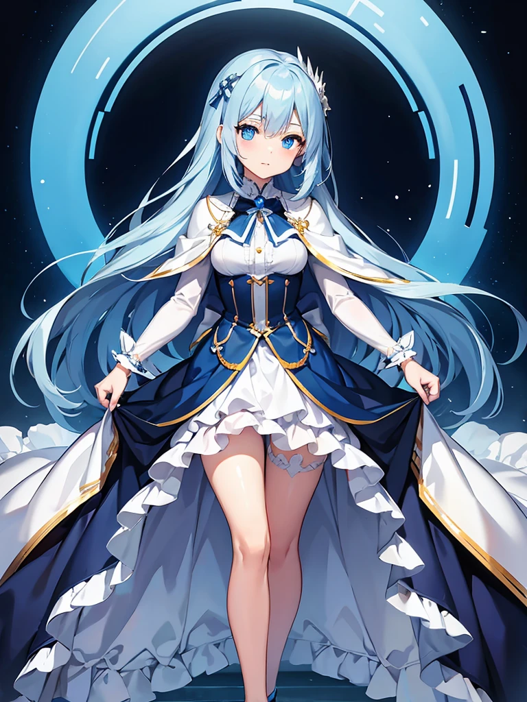 masterpiece,high quality,(full body 1.2),animated standing portrait, white cape and blue shirt,(blue hair 1.4),anime girl with long blue hair and blue eyes,(detailed eyes 1.6),(clear eyes 1.4),(beautiful eyes 1.4),(shining eyes 1.4),white cyan, from arc knights, blue hair, shining blue eyes, blue eyes, detailed key animated art, animated portrait, shining blue eyes, Pixiv digital art, blue haired girl, blue white hair, frilly skirt, thighs, 4K