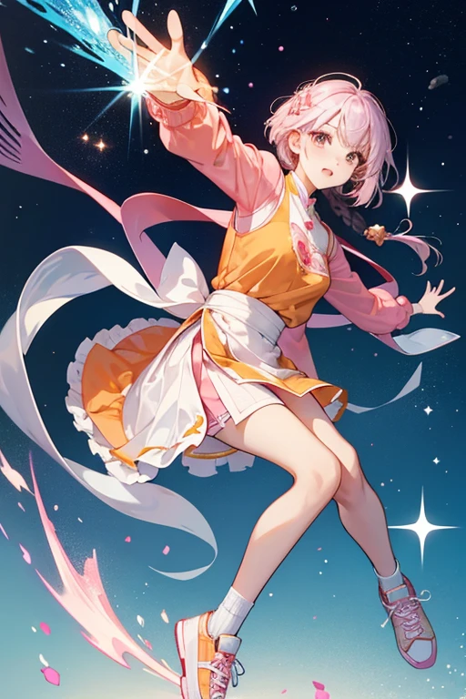 Shu Yin wears a light orange three-quarter-length bolero with long sleeves over a pink shirt, a white skirt with a silver broad band around her waist, and blue sneakers with white toecaps and soles. SPARKLE; GLITTER