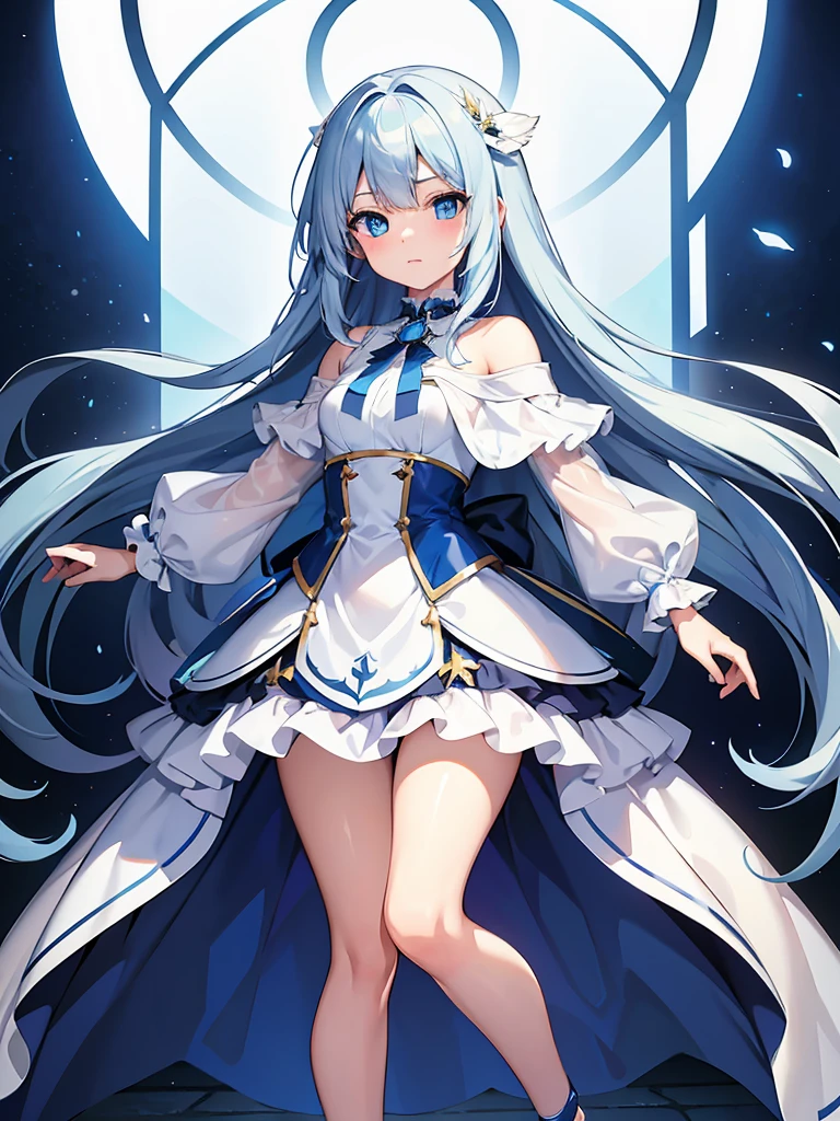 masterpiece,high quality,(full body 1.2),animated standing portrait, white cape and blue shirt,(blue hair 1.4),anime girl with long blue hair and blue eyes,(detailed eyes 1.6),(clear eyes 1.4),(beautiful eyes 1.4),(shining eyes 1.4),white cyan, from arc knights, blue hair, shining blue eyes, blue eyes, detailed key animated art, animated portrait, shining blue eyes, Pixiv digital art, blue haired girl, blue white hair, frilly skirt, thighs, 4K