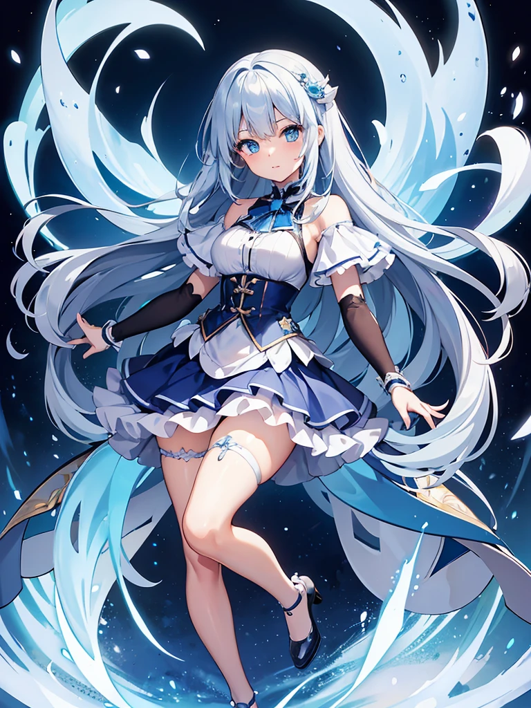 masterpiece,high quality,(full body 1.2),animated standing portrait, white cape and blue shirt,(blue hair 1.4),anime girl with long blue hair and blue eyes,(detailed eyes 1.6),(clear eyes 1.4),(beautiful eyes 1.4),(shining eyes 1.4),white cyan, from arc knights, blue hair, shining blue eyes, blue eyes, detailed key animated art, animated portrait, shining blue eyes, Pixiv digital art, blue haired girl, blue white hair, frilly skirt, thighs, 4K