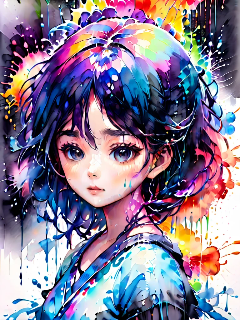 (masterpiece:1.2), ((Intricate details)), Cover art, chaos, Upper Body, One girl, Japanese Girls, Casual Hair, Black Hair, bangs, Forehead hair, high quality, (Ink Random 10 colors), ((Front view)), Dripping from the face, Clothes dripping, Ink dripping, (Additional weight 1:1.0), (Double exposure), Ink painting landscape、Body sideways, face forward