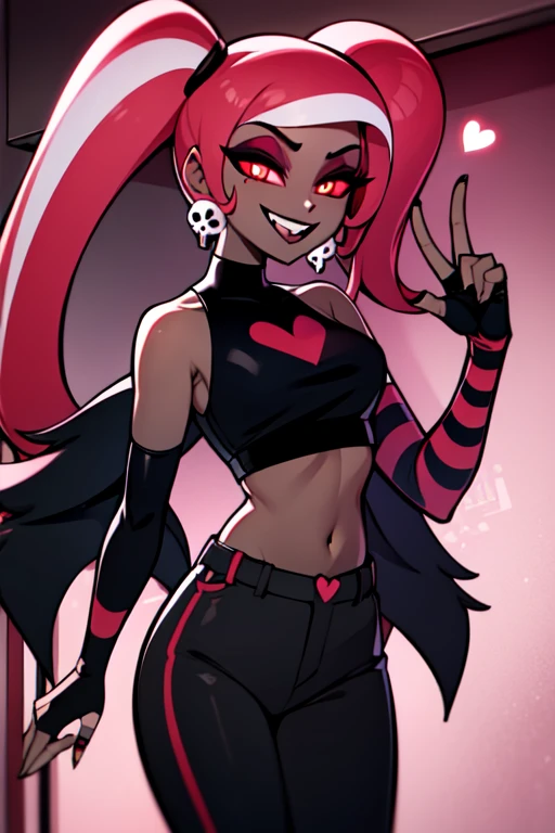 VelvetteHH, dark eyeshadow, white pupils, red sclera, pink hair, two-tone hair, twintails, long hair, skull earrings, colored skin, dark skin, fangs, black jacket, (black crop top:1.4), (crop top with heart design), bare shoulders, fingerless gloves, elbow gloves, (vertical striped pants:1.2), standing, smile, looking at viewer, indoors