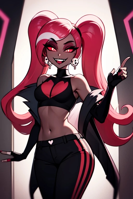 VelvetteHH, dark eyeshadow, white pupils, red sclera, pink hair, two-tone hair, twintails, long hair, skull earrings, colored skin, dark skin, fangs, black jacket, (black crop top:1.4), (crop top with heart design), bare shoulders, fingerless gloves, elbow gloves, (vertical striped pants:1.2), standing, smile, looking at viewer, indoors