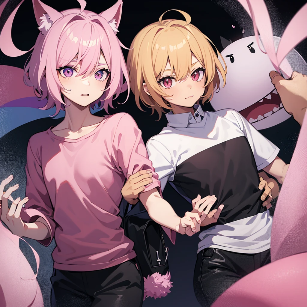 a 2D anime style cute cartoon art of the shy boy in darkness badroon with a pink shirt and gay flag
