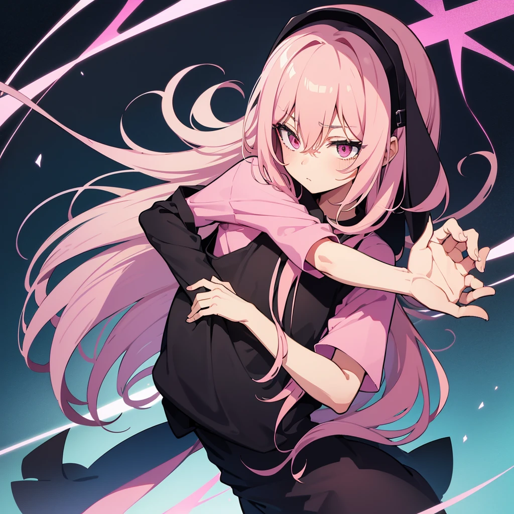 a 2D anime style cute cartoon art of the shy boy in darkness badroon with a pink shirt and gay flag 