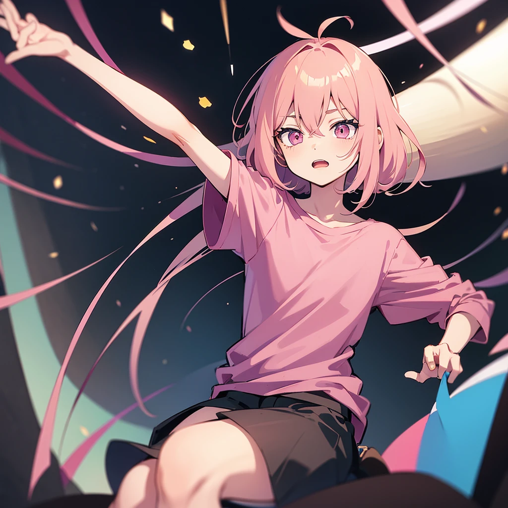 a 2D anime style cute cartoon art of the shy boy in darkness badroon with a pink shirt and gay flag