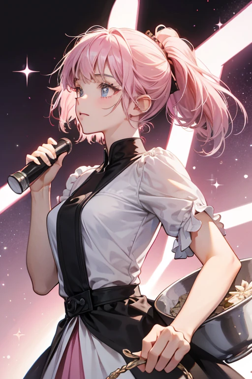 fair-skinned t with jet-back hair tied in two high ponytails held by pink bands with bowl-cut bangs and grey eye SPARKLE; GLITTER