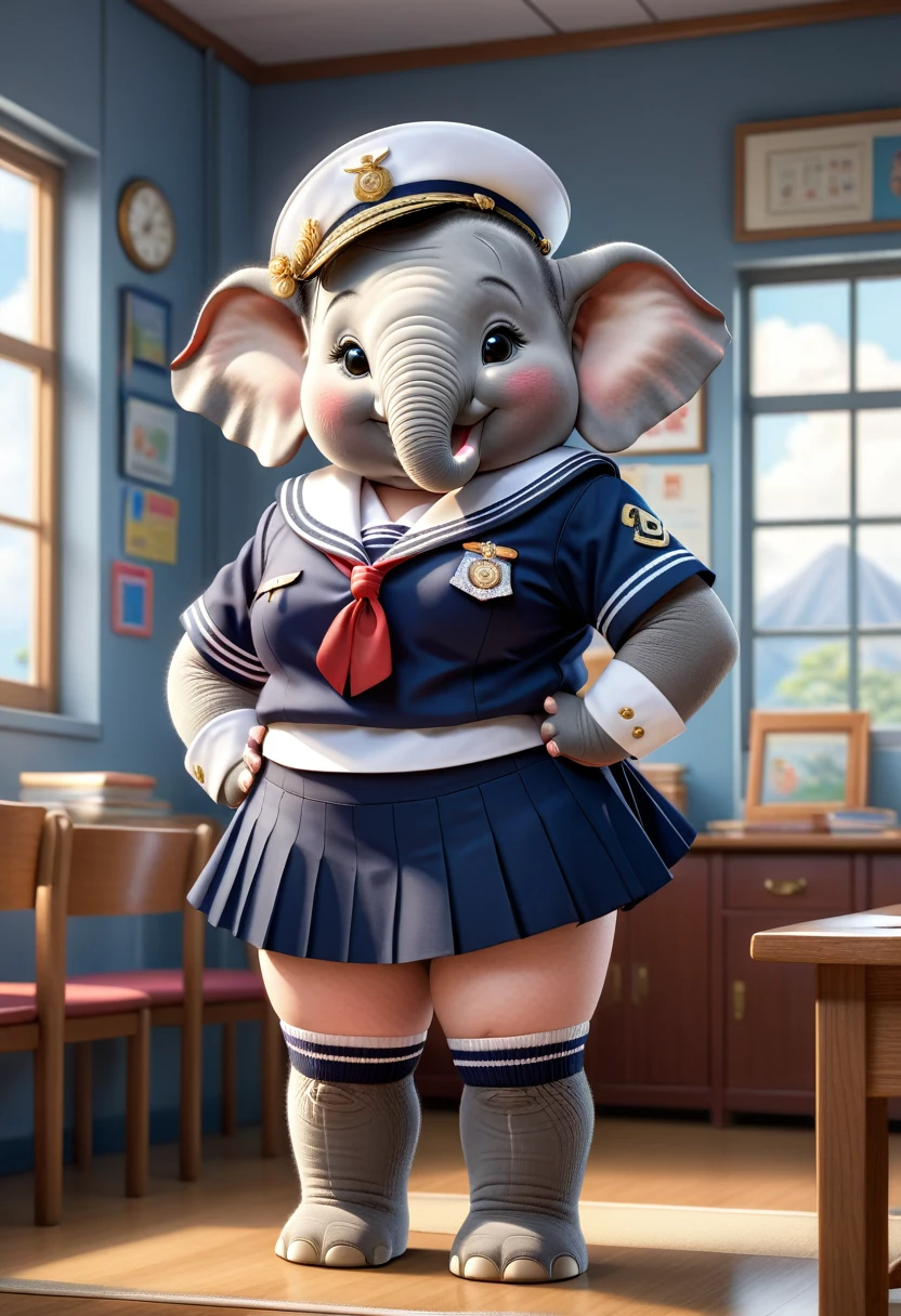  photorealistic portrait of Dressed animals-a ((fat))baby ((elephant)) student,(furry), (elegant pose:1.5), (hands on hips:1.5),(smile:1.5),high quality,(),(lovely) ,intricate details, Wearing Japanese sailor uniform , (short skirt), highly detailed ((female sailor  uniform)) ,highly detailed clothes, high sox , (happy), soft lighting,(full body image:2.0),in classroom background,clouds,score_9, score_8_up, score_7_up, score_6_up, score_5_up, score_4_up,