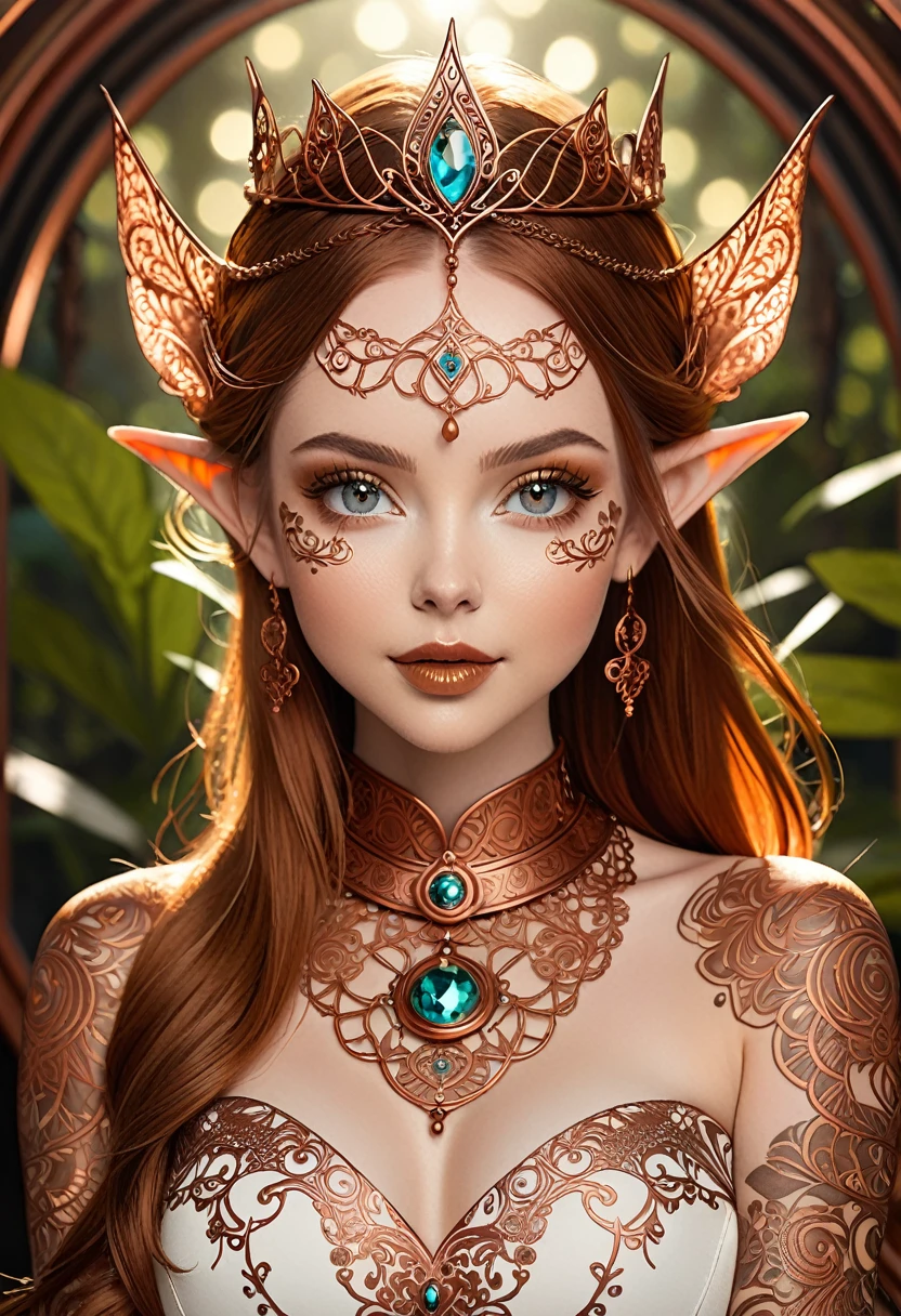 Steampunk inspired goblin princess. copper wire necklaces and bangles. Crown of fine copper wire. copper coloured tatoos cover her face and body intricate and beautiful designs. LArge pointed ears that end in curlicues. Hands on hips. Ember colored eyes adorned with intricate copper wireing. a pure white dress, hemmed with copper, covered in copper lace and filligree. silver designs cover the skirt in a kaleidoscope of intricate copper designs. Background is magical verdant forrest. Her visage is a mesmerizing blend of Sydney Sweeney, Alison Brie, Dove-Cameron, creating a unique, symmetrical face that exudes elegance and grace. copper colores face tattoos. Copper colored arms, and chest tatoos. Cozy, romantic lighting. Cheerful smile. Copper hair that shimmers and sparkles in the lights. Hourglass figure. copper lips. dark copper eye shadow.

