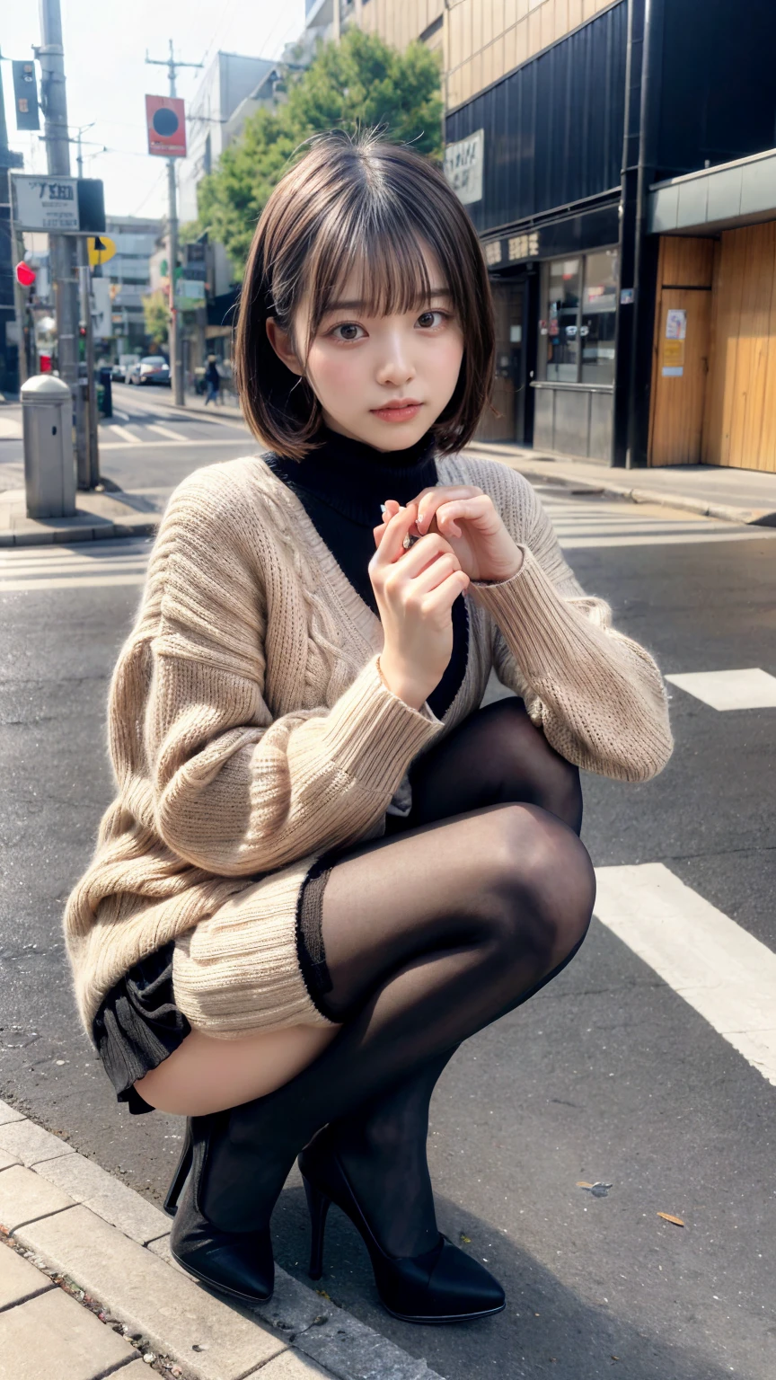 Photo taken by a professional photographer，Close-up of a woman squatting on the sidewalk with her legs crossed, kiko mizuhara, wearing a sweater, Shirahime cut brown hair, wearing a sweater, young and cute girl, japanese model, 白いwearing a sweater, Chiho, ランダムカラーのカジュアルなwearing a sweater,Cute ide waves with short hair, a cute young woman, cute young woman, black pantyhose，black tights，black high heels，