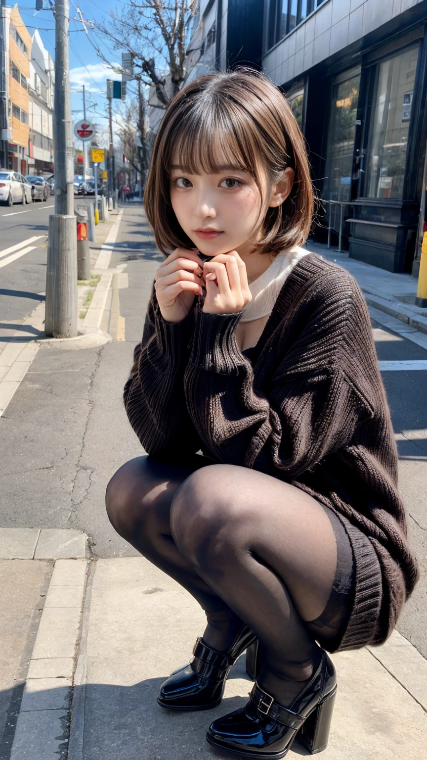 Photo taken by a professional photographer，Close-up of a woman squatting on the sidewalk with her legs crossed, kiko mizuhara, wearing a sweater, Shirahime cut brown hair, wearing a sweater, young and cute girl, japanese model, 白いwearing a sweater, Chiho, ランダムカラーのカジュアルなwearing a sweater,Cute ide waves with short hair, a cute young woman, cute young woman, black pantyhose，black tights，black high heels，