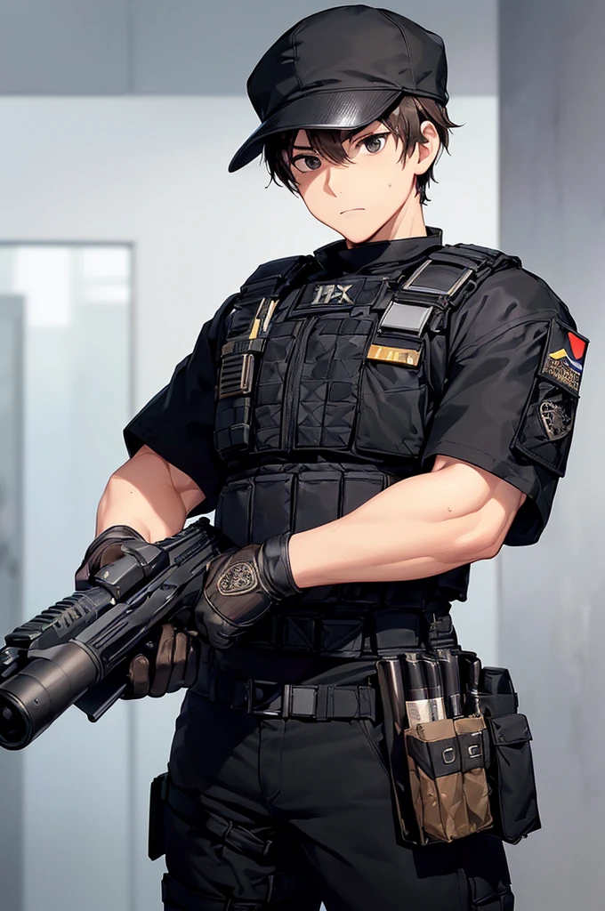 (masterpiece; best quality: 1.2), (finely detailed eyes: 1.3), ((25 year old man)), ((solo)), (black eyes: 1.4), (body; wiry, fit, masculine: 1.3), (short brown hair: 1.3), (beautiful and clear background: 1.2), ((depth of field)), (equipment: spec ops full black tactical combat-ready gear + black gloves + black baseball cap + holstered gun + pouches: 1.3), (anime illustration: 1.2), (background composition; military base office: 1.1), (extremely fine and handsome: 1.1), (shot composition; standing + centered on torso + close-up: 1.5), (expression; calm, stoic: 1.2)