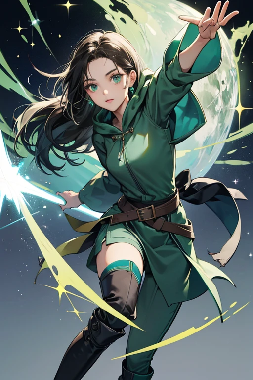 Shé was a young woman with a slim appearance and a dark hair with blueish highlights at the tips.
Shé wore a deep grayish green hooded tunic and trousers that ended by her knees, a dark green sash around her waist with a cyan belt tied at the front, along with dark green arm bands and knee-high boots with knee pads. SPARKLE; GLITTER