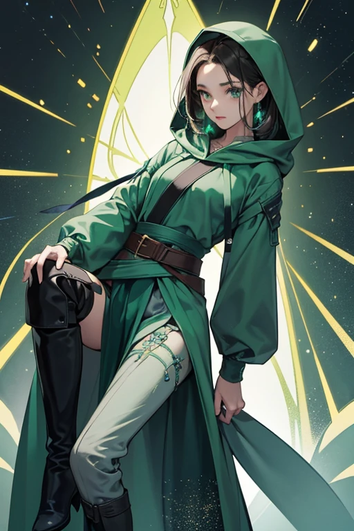 Shé was a young woman with a slim appearance and a dark hair with blueish highlights at the tips.
Shé wore a deep grayish green hooded tunic and trousers that ended by her knees, a dark green sash around her waist with a cyan belt tied at the front, along with dark green arm bands and knee-high boots with knee pads. SPARKLE; GLITTER