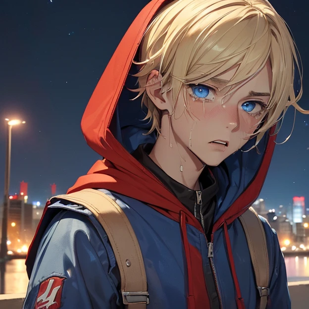 (master piece, best high quality image, very good detailed image, very good detailed character, very good detailed background, very detailed textures, carefully detailed and textures, charactercalone)
{{((1:character: 25 years old blonde boy, (fair skin, light-blue eyes, short blonde hair, devastated demeanor, impotent, crying screaming face full of tears), (red-blue hood jacket), (night sky, modern buenos aires-argentina city))}}