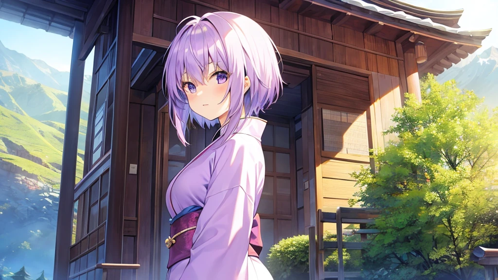 woman　clear　Light purple hair　　kimono　　Anime Style　　Mountain lodge
