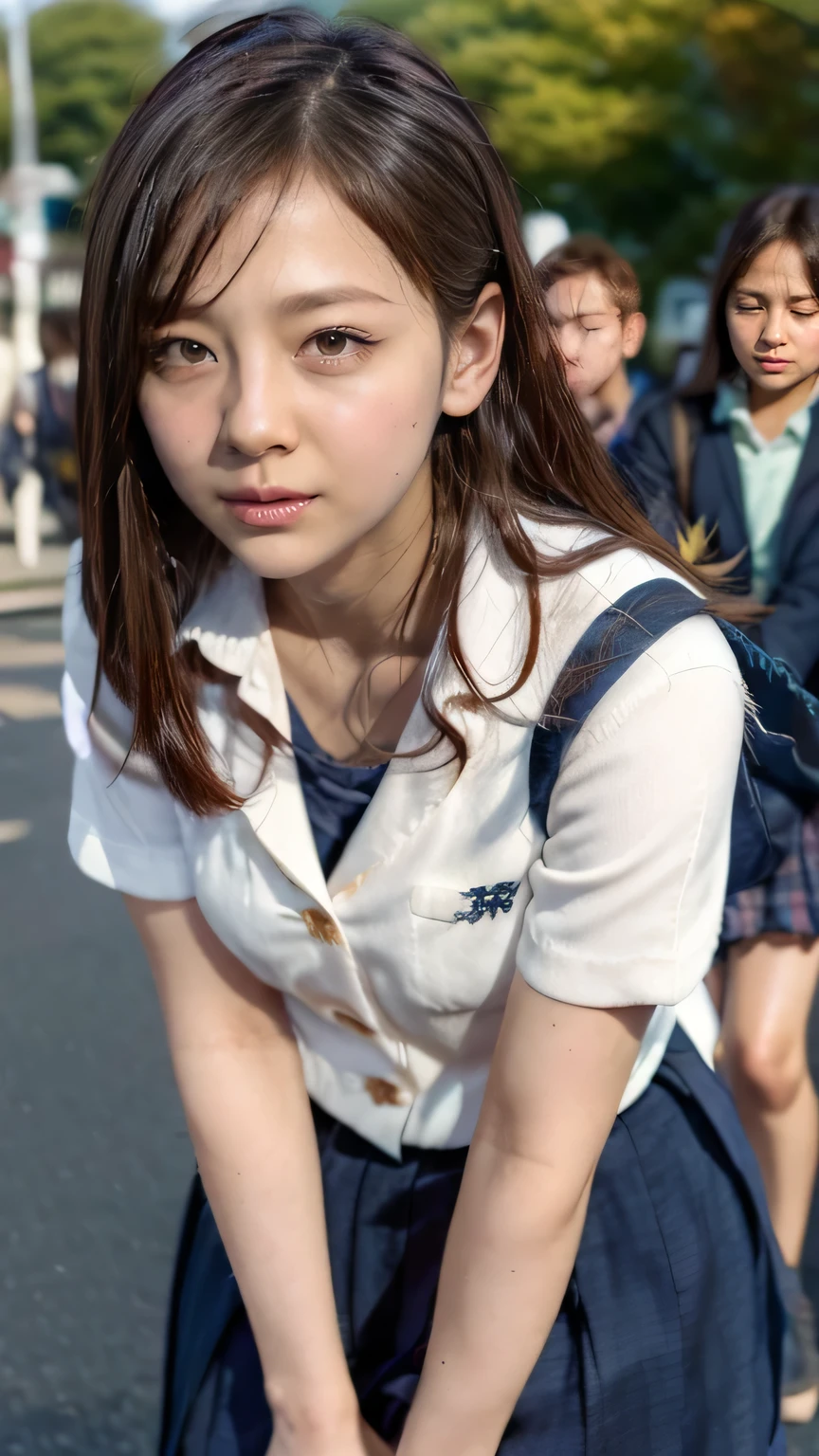 (A high school girl bends down to pick up her bag on the ground on a Tokyo street:1.2、blue sky、Breast flash)、((school uniform、blazer、Pleated skirt、Navy blue socks、loafers)、the wind is strong、(Realistic、Like a photograph、Live Action、8K, Realistic, RAW Photos, Best image quality: 1.4), Single-lens reflex camera、RAW Photos, Highest quality, Realistic, Highly detailed CG Unity 8K wallpaper, Written boundary depth, Cinematic Light, Lens flare, Ray Tracing, Realistic background、((ultra high density skin))、 Teenage girl on her way to school,Cute Japanese、(YThe buttons on her shirt are undone, exposing a small portion of her bra.:1.4、Big Breasts、The top part of the bra is visible.)、(whole body:1.5)、Super detailed face,avert your eyes:1.1、(Silver inner color hair、Straight Long Hair:1.2、My hair flutters in the wind:1.4)、I like that style、stylish、Very detailed、Pay attention to the details、Perfect outfit、(Sunburned skin)、View from above、Accurate hands、Accurate legs、Detailed hands and fingers、Anatomically correct body、Thin legs、Thin thighs、Large Breasts、Detailed bra