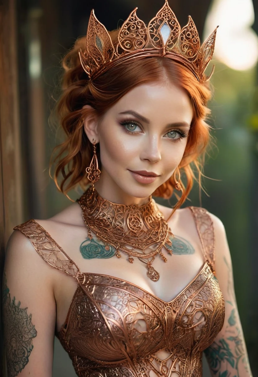 Steampunk inspired goblin princess. copper wire necklaces and bangles. Crown of fine copper wire. copper coloured tatoos cover her face and body intricate and beautiful designs. LArge pointed ears that end in curlicues. Hands on hips. Ember colored eyes adorned with intricate copper wireing. a pure white dress, hemmed with copper, covered in copper lace and filligree. silver designs cover the skirt in a kaleidoscope of intricate copper designs. Background is magical verdant forrest. Her visage is a mesmerizing blend of Sydney Sweeney, Alison Brie, Dove-Cameron, creating a unique, symmetrical face that exudes elegance and grace. copper colores face tattoos. Copper colored arms, and chest tatoos. Cozy, romantic lighting. Cheerful smile. Copper hair that shimmers and sparkles in the lights. Hourglass figure. copper lips. dark copper eye shadow.