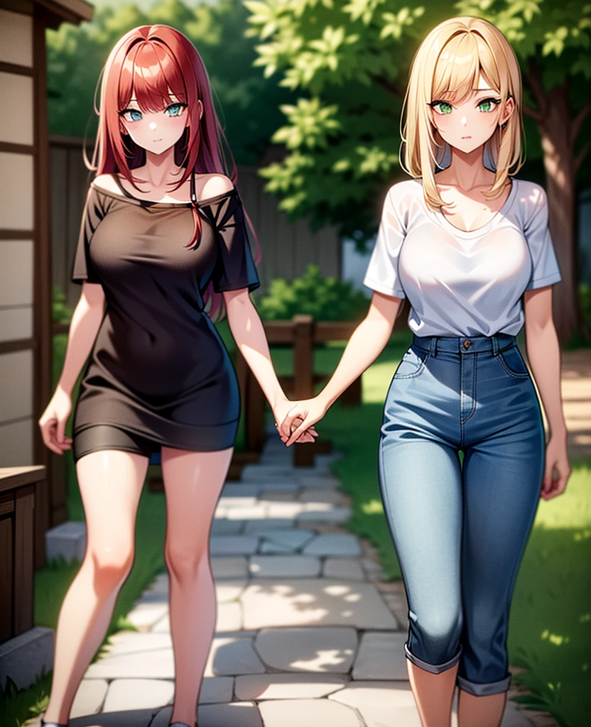 two girls, a girl with long light yellow hair and green eyes, second girl long dark red hair blue eyes, with casual clothes