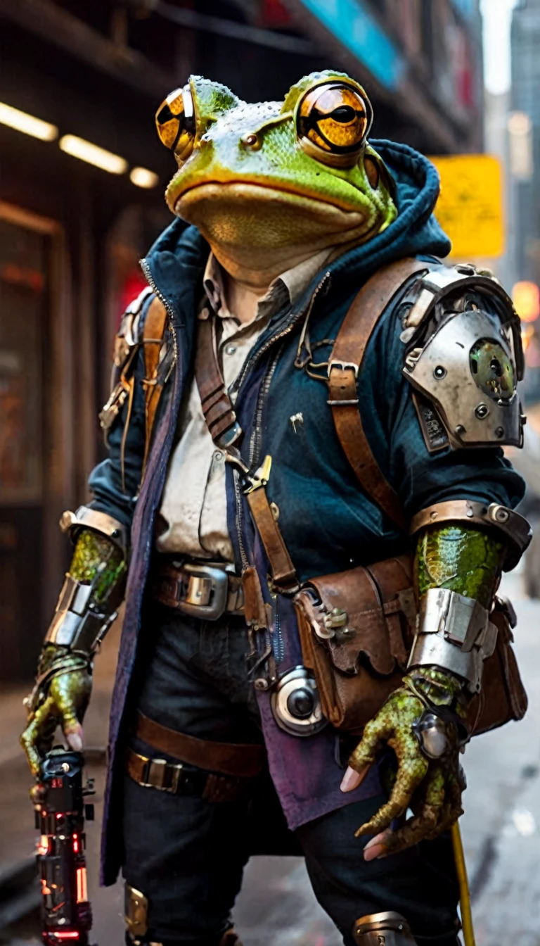 a cyberpunk frog, hipster, battle mage, cyberpunk armor, undefined