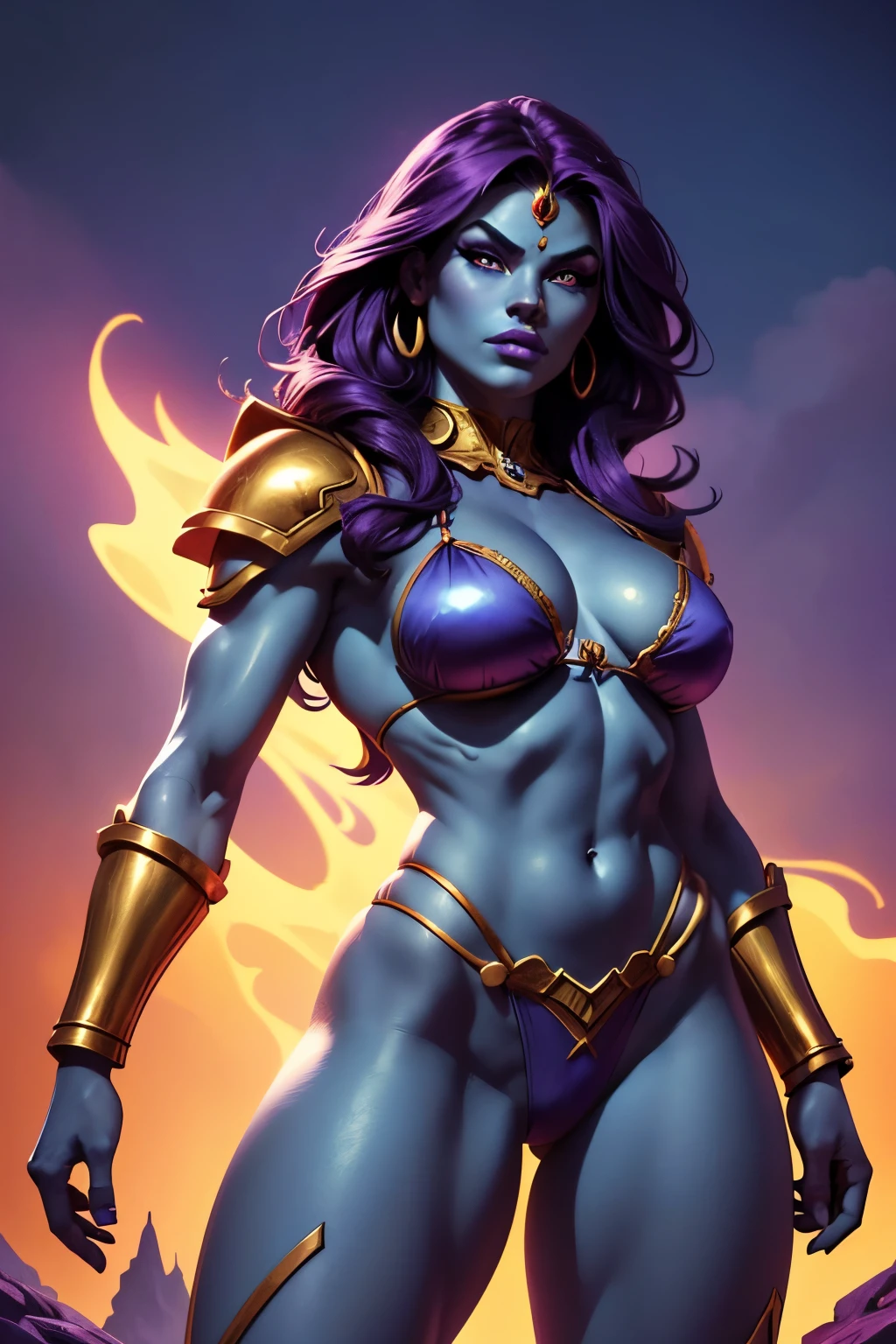 masters of the universe. a ((blue skinned)) female warrior, She has dark purple colored hair with lots of volume and wears (purple bikini armor accented in gold). (detailed face, detailed eyes) (best quality,4k,8k,highres,masterpiece, colorful, vibrant colors:1.2) , long eyelashes, ((detailed lips)), narrow eyes, lavender colored eyes. Good hands, detailed hands. Eternia background. She stands firmly on the ground a wide stance, ready to fight. dynamic exaggerated poses.