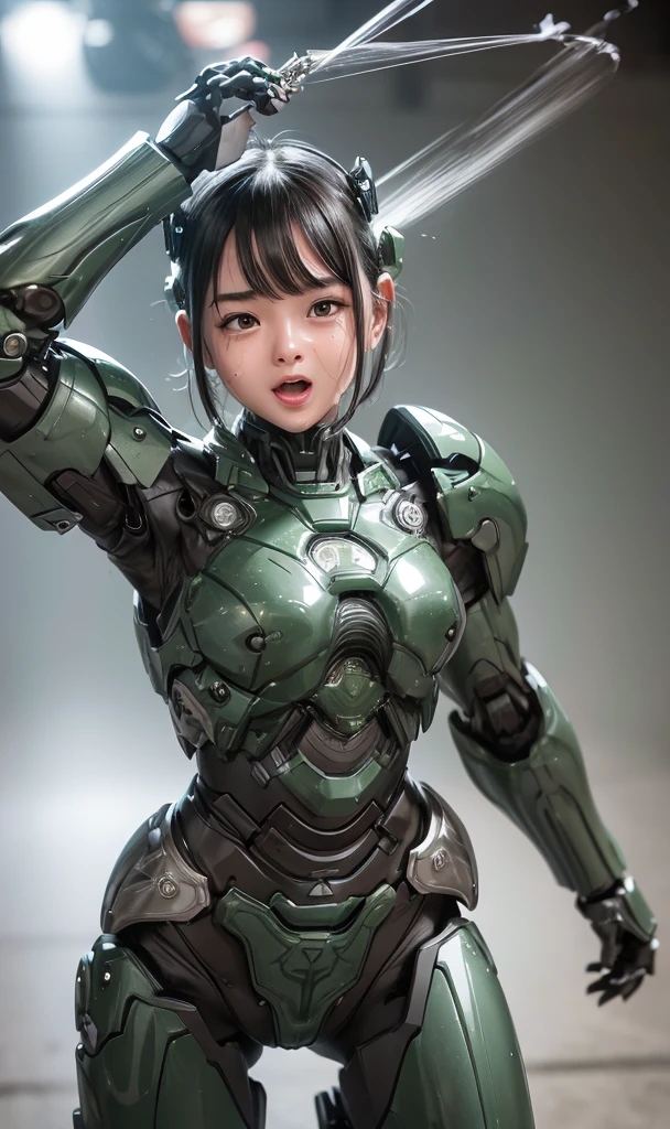 Textured skin, Super detailed, Attention to detail, high quality, 最high quality, High resolution, 1080P, hard disk, beautiful,(War Machine),beautifulサイボーグ女性,Dark Green Mecha Cyborg Girl,battle,Girl with a mechanical body,、Thick eyebrows　middle School girls　Boyish short hair、Sweaty brown eyes、Sweaty face、Expressions of joy　Blushing　Open mouth laughing　very loud laugh　Cute Smile　Black-haired　((Steam coming out of the head)) (Steam coming out of the whole body) Cool pose　Gloss　Sweat flying