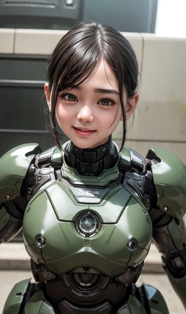 Textured skin, Super detailed, Attention to detail, high quality, 最high quality, High resolution, 1080P, hard disk, beautiful,(War Machine),beautifulサイボーグ女性,Dark Green Mecha Cyborg Girl,battle,Girl with a mechanical body,、Thick eyebrows　middle School girls　Boyish short hair、Sweaty brown eyes、Sweaty face、Expressions of joy　Blushing　Open mouth laughing　very loud laugh　Cute Smile　Black-haired　((Steam coming out of the head)) (Steam coming out of the whole body) Cool pose　Gloss　Sweat flying