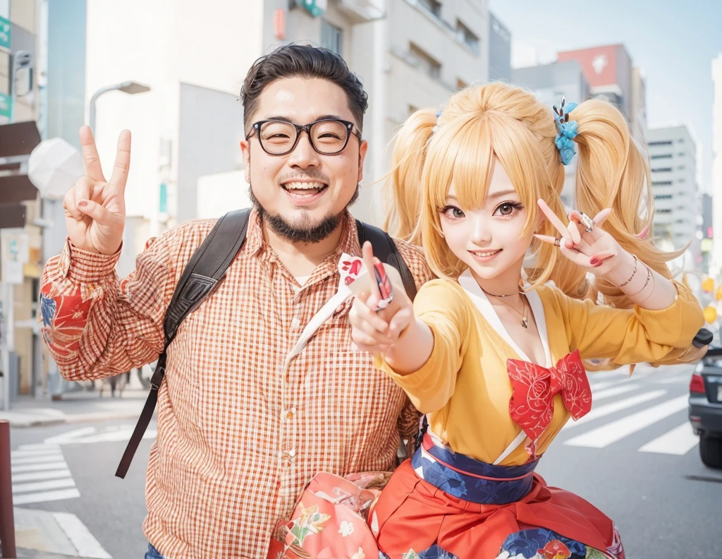 Japanese otaku and gal making peace signs