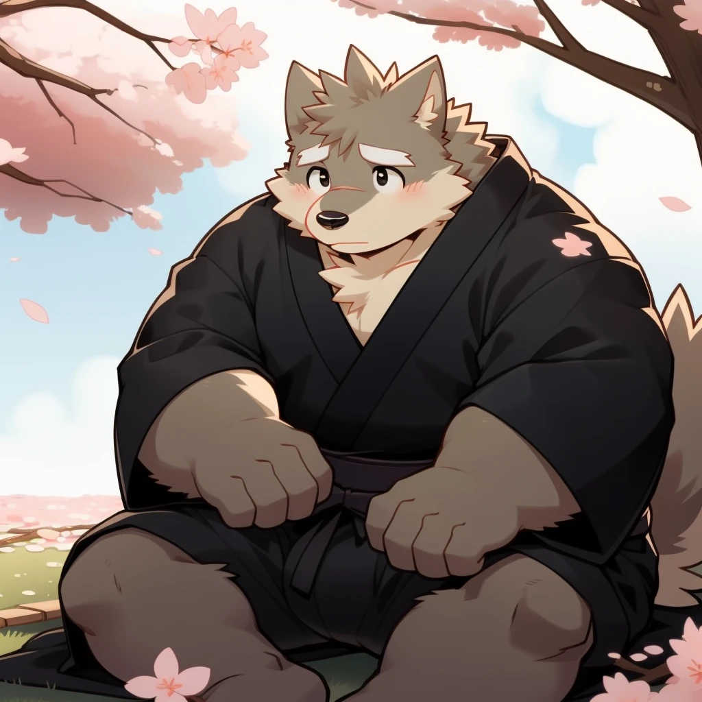 Scribble 黑色柴dog face,Cute face,Humanity(dog),(Black Kimono:1.3),Chubby,(White eyebrows:1.1),(Perfect black eyes),(artist:Takemoto Arashi),(Bulging buttocks),Cherry blossoms,Sitting,Sad expression,Wolf Tail。