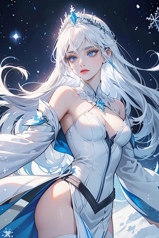 Snowflake's skin tone is white and the eye makeup and lipstick are blue. The eyes of the protagonist are presumably white with blue snowflake-like pupils. She has a blue snowflake on her forehead. The snow-white hair is cut at shoulder length, with a significant part combed to the right side, while the fringe - at the level of the cheekbones.
The superheroine is dressed in a white costume with blue reflections that covers her entire body. There are many white and blue snowflakes on the outfit. There is also a large snowflake tiara on the back of her head. She is accompanied by snowfall that appears around her body. SPARKLE; GLITTER
