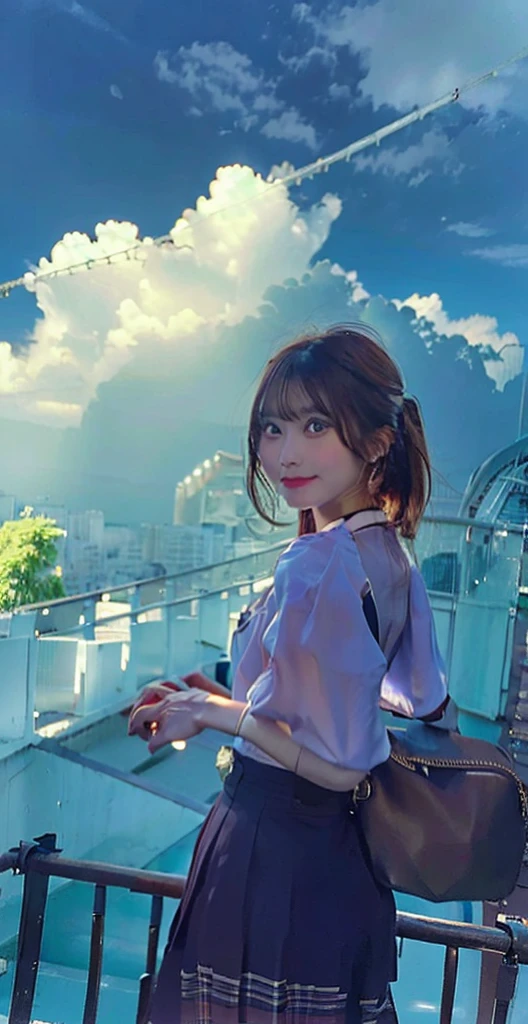 1 high school girl with short brown hair. She was supposed to wear a traditional Japanese , consisting of a white blouse with a blue collar and a blue pleated skirt. The girl stood on the bridge, holding the camera, and looking back with a cheerful expression. The background should feature a bright blue sky with fluffy white clouds and some power lines in the distance. Make sure the lighting is warm and captures the calm and nostalgic atmosphere of summer