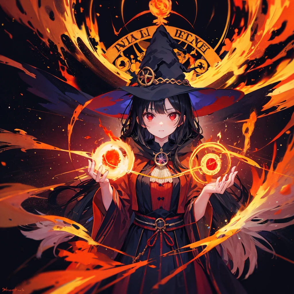 ((((witch　Lock))))　(((wand of flame　grimoire)))　((Black Hair　witchの帽子　Red eyes　smile　Looking down))　((explosion　fire))　(Magic Robe　Black Hole　despair　tears)　incantation　Runes　Shining Background　Shining Edge