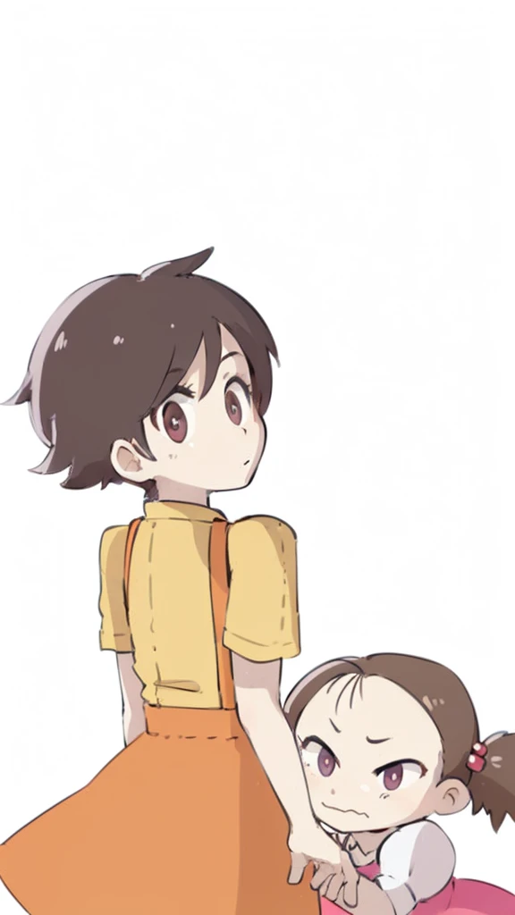 The person is also generated vertically.Create a highly detailed image of a young woman and a small . The young woman should have short brown hair and be dressed in a yellow blouse with an orange skirt. She is looking over her shoulder with a slightly surprised or concerned expression. The small , who has brown hair tied in a ponytail, is clinging to the young woman's hand and looking up with a mischievous or determined expression. Background is a little horror.