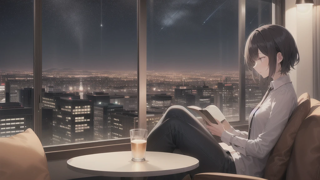 "A tranquil night scene of a cozy café with warm lights. A person is reading a book, surrounded by the soft glow of lamps, with a cup of coffee on the table. Outside the window, a starry sky and city lights create a calming atmosphere."