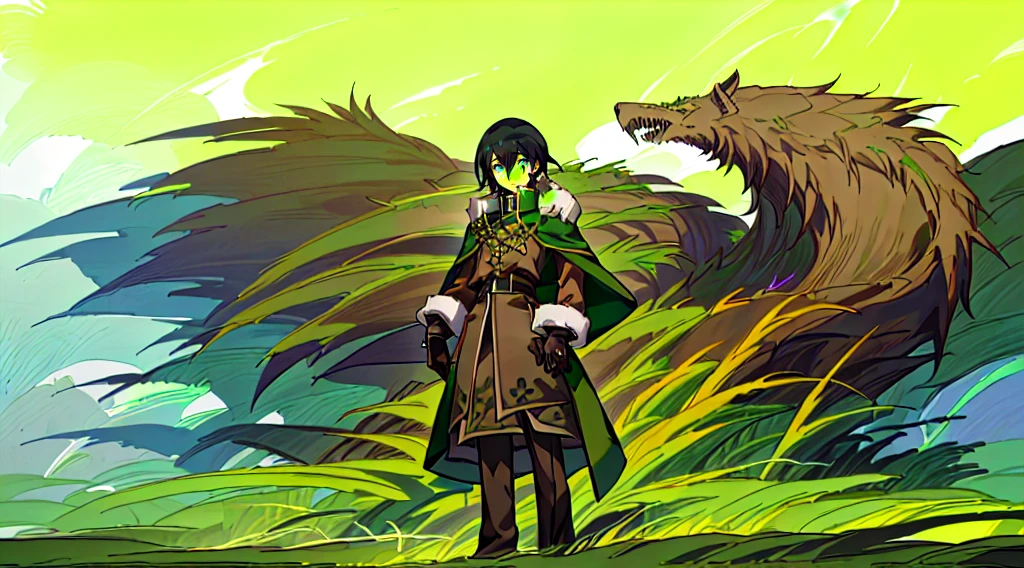 yuichiro hyakuya, (WithoutFear:1), 1 boy, black hair, green eyes, brown coat, gray armor, green shield, green cloak, dark brown gloves, town, white fur trim, tall, anime, standing, good quality, portrait, looking at viewer