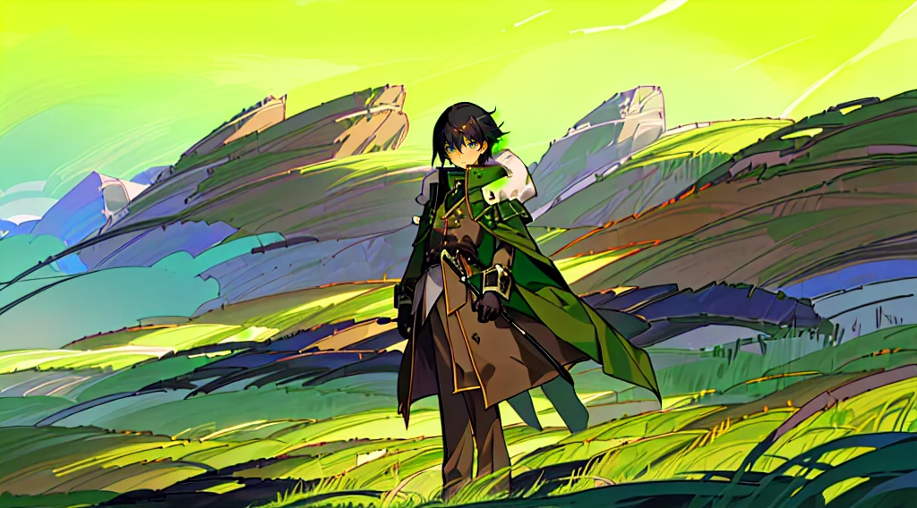 yuichiro hyakuya, (WithoutFear:1), 1 boy, black hair, green eyes, brown coat, gray armor, green shield, green cloak, dark brown gloves, town, white fur trim, tall, anime, standing, good quality, portrait, looking at viewer