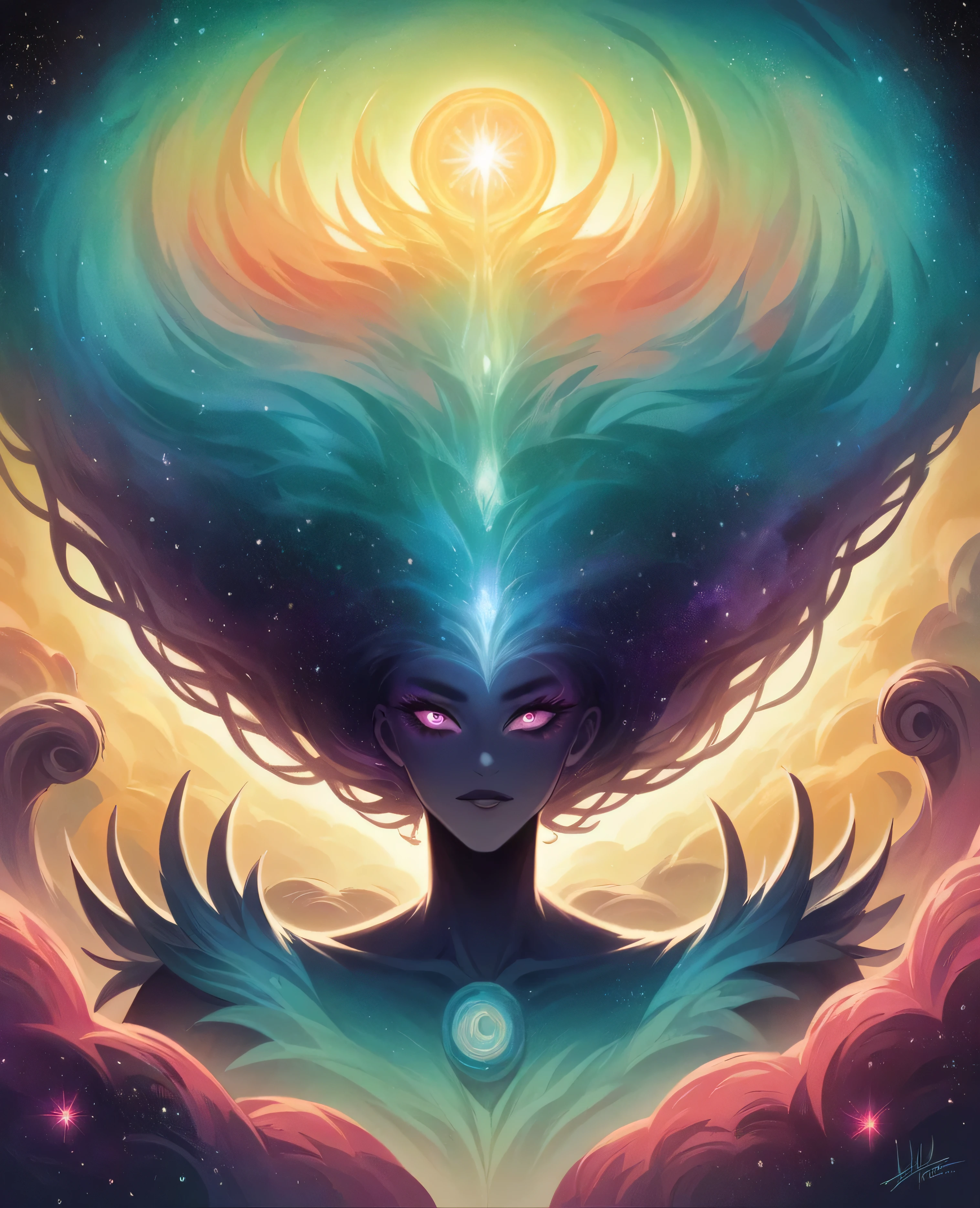 inconceivable and spectacular a scene of emergence of a figure from the glowing cloud, fractal nebula fios, cosmic entities, heavenly, cosmic, vibrant and vivid, swirls, twirling, unrealistic, hight contrast, symbolism, magical, Mystic, mystifier, hyper realist, oversaturate, fullcolor