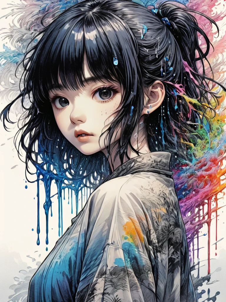 (masterpiece:1.2), ((Intricate details)), Cover art, chaos, Upper Body, One girl, Japanese Girls, Casual Hair, Black Hair, bangs, Forehead hair, high quality, (Ink Random 10 colors), ((Front view)), Dripping from the face, Clothes dripping, Ink dripping, (Additional weight 1:1.0), (Double exposure), Ink painting landscape、Body sideways, face forward