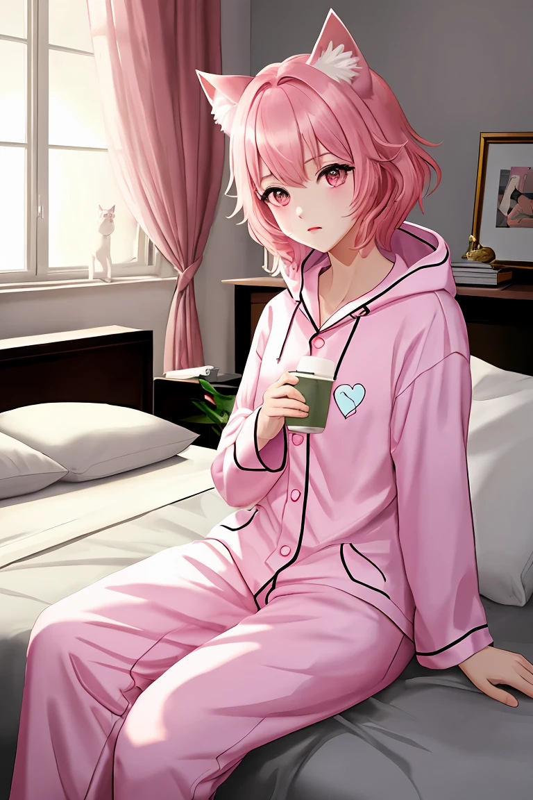 score_9,score_8_up,score_7_up,masterpiece, top quality, best quality, official art, beautiful and aesthetic, animation, , 1girl with cat ear, perfect figure, pink hair, complicated details, bedroom, sitting on the bed, wearing cute hooded pajamas, holding a pillow in his hand ,