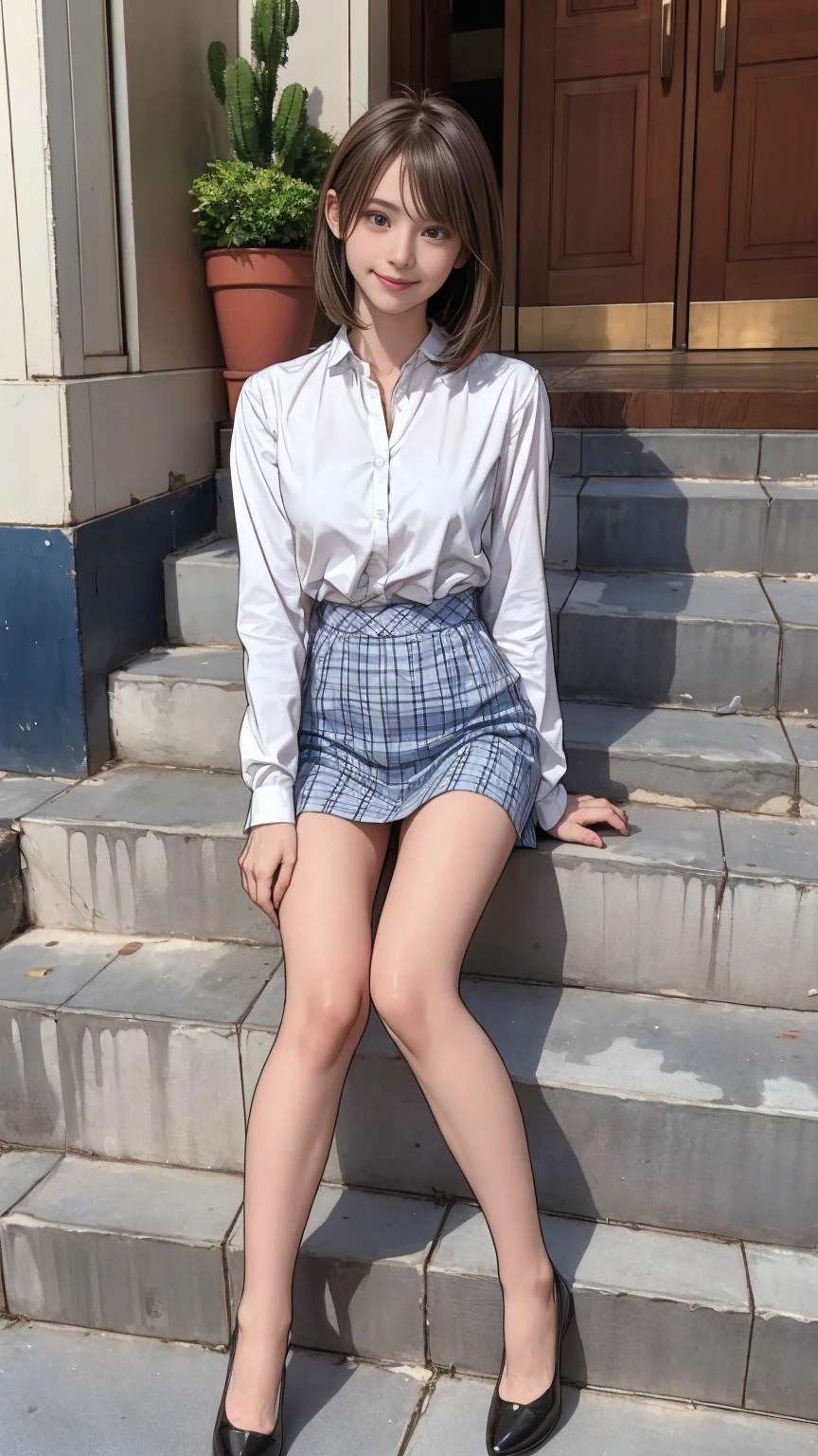 ((masterpiece)),(((Highest quality))),Thin thighs,Long legs,An 18-year-old high school girl standing on the school steps,White shirt,Blue and white plaid mini skirt:1.5,The best smile,Short bob with side waves:1.5,wear black loafers,Standing with legs apart facing backwards:1.5,((masterpiece)),(((Highest quality))),((Character design sheet)),Thin thighs,Long legs,Slender figure:1.5,whole body:1.5,One Girl:1.3,Sharp eyes and the best smile:1.5,Sheer pantyhose and pointed high heels:1.5,Sit on the top of the mountain:1.2,Wearing a dress of flowers and plants:1.5,Flowing brown messy hair:1.Sit with your legs apart:1.5,